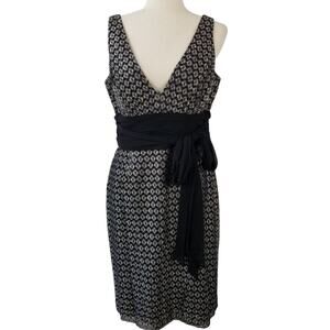 Maggie London Black Silver Tie Waist Mesh Silk Lace Lined Dress Nice Size 12